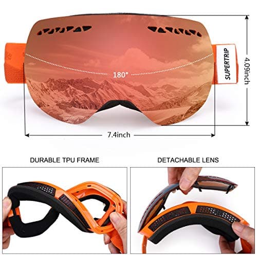 Supertrip Ski Goggles Men & Women Skiing Snowboard Goggles Over Glasses Interchangeable Lens UV400 Protection Anti-fog Snow Skate Goggles Orange Revo Red (VLT 31%) — view 5