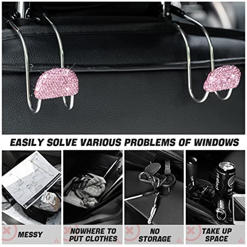 JNNJ 2 Pieces Bling Car Headrest Hook, Bling Backseat Organizer Hanger for Purse Clothes Grocery Bag, Rhinestones Auto Headrest Storage Holder, Car Seat Accessories for Most Vehicle(Pink) — view 3