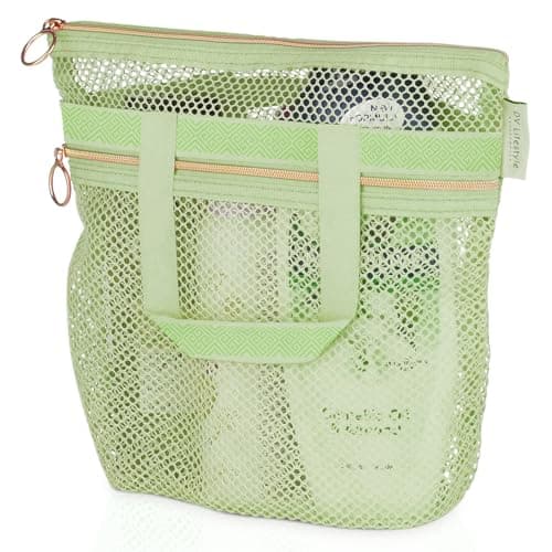 DV Lifestyle Mesh Shower Bag 25 x 26cm Caddy with Zipper & 2 Pockets. Quick-Dry Portable Toiletry Tote for Bathroom, Gym, Travel, Camp, Beach, for Sunscreen, Dorm & College Essentials (Light Green)