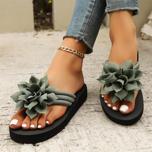 Flower Flip Flops Women Beach Slippers Size 7.5 Boho Open Toe Slip on Flat Sandals Summer Comfortable Yoga Mat Thong Sandals for Pool, Travel Vacation Slippers Flower Army Green Footwear Gift — view 3