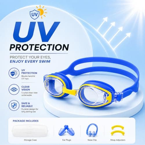 Kids Swimming Goggles, Anti-Fog & UV Protection, Leak-Resistant Swim Goggles for Boys & Girls, Comfortable Silicone Seal, Easy Adjustable Strap, Ages 3-14, With Nose Clip, Earplugs and Protective Case — view 3