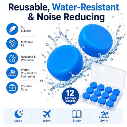 6 Pairs Soft Silicone Ear Plugs for Sleeping, Reusable Moldable Earplugs with Storage Cases, 32dB Noise Reducing Gel Ear Plugs for Sleep, Snoring, Swimming, Travel, Work, Study and Concerts (Blue) — view 5
