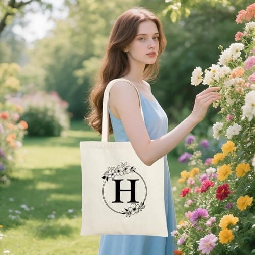 Tecanne Personalised Initial Canvas Tote Bag and Makeup Bag Set, 26 Letters Monogrammed Cotton Reusable Bags for Beach Travel Work School, Gift for Women Mum Teachers Nurses (H) — view 6