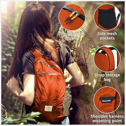 Naturehike Packable Backpack - Ultra Lightweight Foldable Daypack, PU2000mm Waterproof 30D Nylon Compact Hiking Rucksack for Travel Camping Outdoor（Orange 25L — view 6