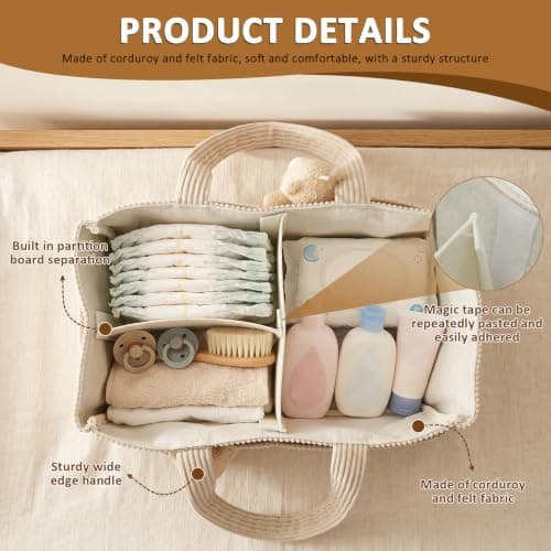Baby Nappy Caddy Organiser for Changing Table – Portable Travel Bag, Beige — view 3