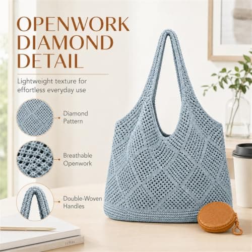 Large Beach Bag for Women, Light Blue Tote and Round Pouch, 2-Piece Set — view 3