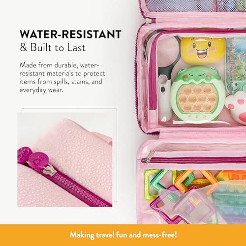 Kids Travel Organizer – Multi-Compartment, Water-Resistant Hanging Bag for Toys, Snacks, & Activities - Compact, Lightweight Design with Hook & Carry Handle - Perfect for Travel Use (Pink, Large) — view 3