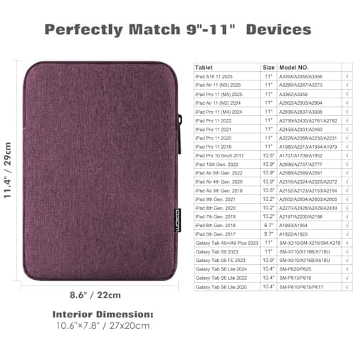 MoKo 9-11 Inch Tablet Sleeve Bag Carrying Case for iPad Air M3, Pro 11 M4, Air 5/4/3, 10/9/8th Gen, Tab S8/S9 11", Purple — view 2