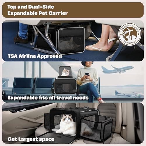 Top and 2 Sides Expandable Large Cat Carrier 18x13.5x9.5, TSA Airline Approved Dog Carriers for Large Dogs, Soft-Sided Pet Carrier with Self-Locking Zippers for Kitten,Rabbit,Puppy, Black White — view 2
