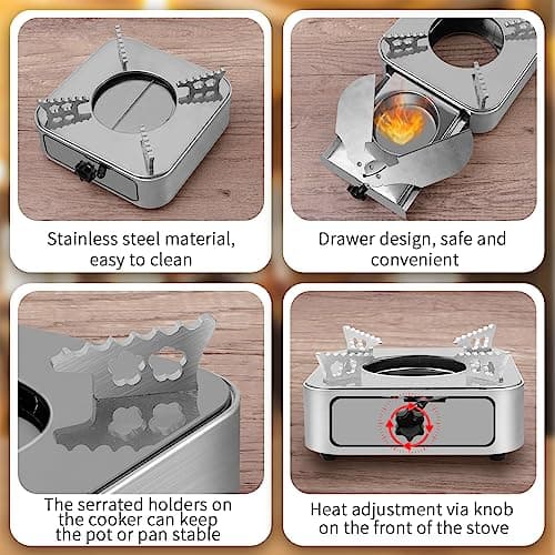 ATPWONZ Camper Stove,Solid Fuel Camping Stove,Portable Camping Stove, Adjustable Firepower Drawer Camping Cooking Stove Burner Stove for Barbecue Hotpot Picnic Outdoors Cooking, Silver — view 3