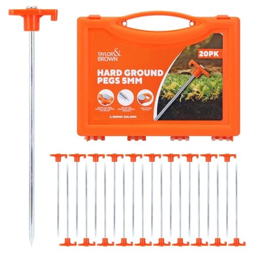 Taylor & Brown 20 Pack Heavy Duty Metal Tent Pegs Ground Pegs - Hard Ground Camping Pegs For Tent, Awning & Tarpaulin, Long Steel Rock Ground Stakes With Plastic Storage Case