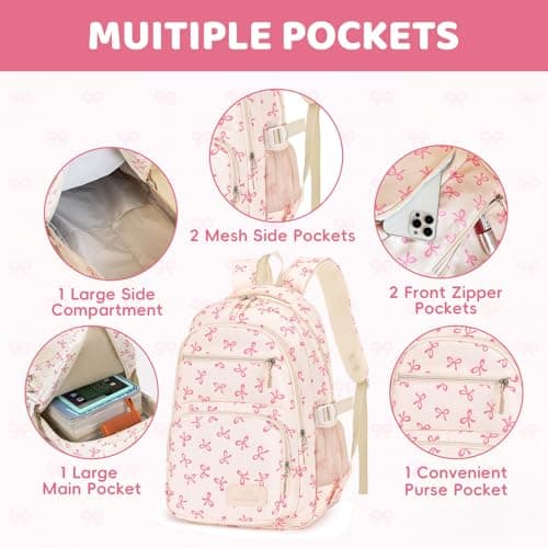 Aucuu Aesthetic School Bag for Girls, 3PCS Bow School Bags, Cute Backpack Sets, School Bag with Crossbody Bag & Wallet, Water Resistant Lightweight Bookbag, Kawaii Rucksack for Teens Girls Boys — view 3