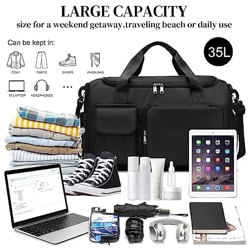 RainFlowwer Travel Duffel Bag Women Men,Sports Gym Bag with Shoes Compartment,Waterproof Travel Bag Overnight Bag with Dry Wet Separated Pocket,Carry Luggage Bag Weekender,Sports,Gym,Travel (Black) — view 4