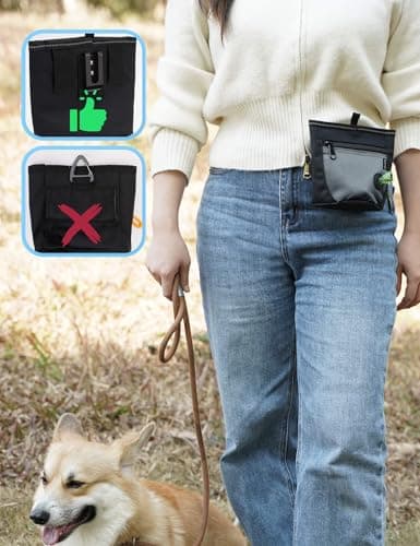 Gobeigo Dog Treat Pouch and Training Clicker, Upgrade Two Magnetic Closure to Prevent Spills, 2 Cup Treat Bag with Poop Bag Dispenser, Metal Clip Waist Belt Fanny Pack for Pet Walking (Black/Gray) — view 4
