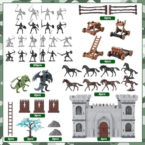 deAO Ancient Military Soldier Set for Kids, 76 PCS Medieval Castle Knight Army Men Toys Playset with Castle, Soldiers, Shield Cart, Ladder, Flying Dragon and Battlefield Accessories for Boys and Girls — view 5
