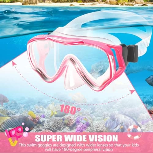 HIKOTEY Children's Snorkel Set, Anti-Fog and Dry Snorkel, Anti-Leak Dry Snorkel Set, 180° Panoramic Foresight with Waterproof Earplugs, Snorkelling Set for Boys Girls - Pink — view 3