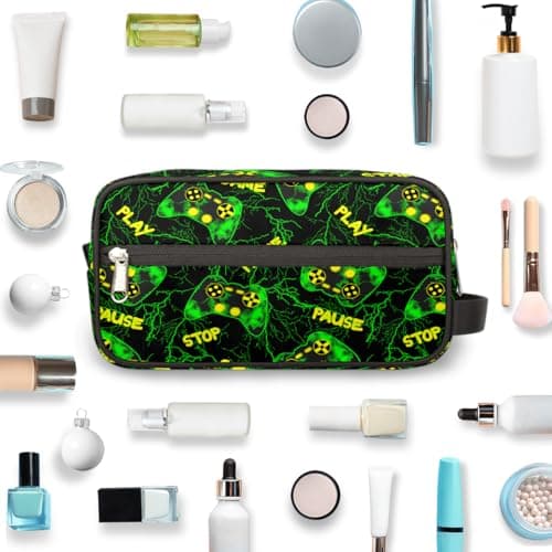 Travel Toiletry Bag for Boys Kids - Green Video Game Waterproof Hanging Dopp Kit for Men, Shaving Bag with Large Capacity for Bathroom, Sports, Shower — view 4
