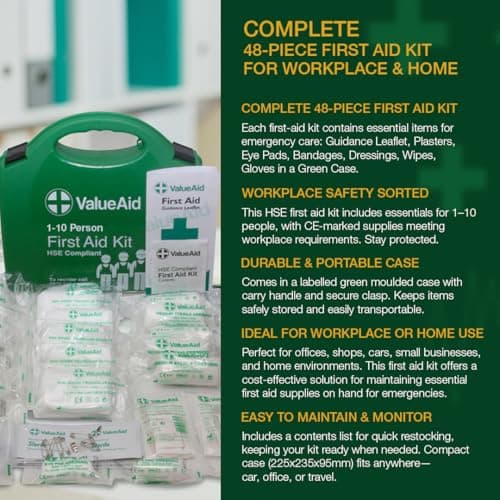 Value Aid HSE Compliant First Aid Kit for Workplace, Home & Car - CE Marked Contents, Double-Clasp Case with Handle - Complete Set for 1-10 People Includes Plasters, Bandages & Medical Supplies — view 2
