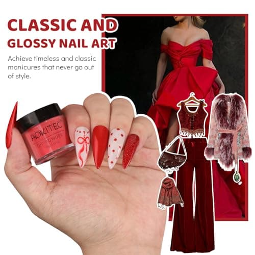 Aokitec Dip Powder Nail Kit - Red & Glitter Nail Powder with Dip Base & Top Activator Brush Saver, Dipping Acrylic Nail Kit Nail Dip Powder Starter Kit for Nail Art, Nail Set Gift for Women — view 3