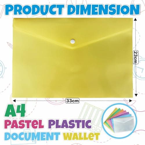 M1SS Pack of 10 Plastic Wallets A4 [33 x 23cm] Waterproof Plastic Folders for Documents Yellow Popper Wallet A4 with Snap Button for Home, Office, School and Travel Stationary Paper Filing (Yellow) — view 2