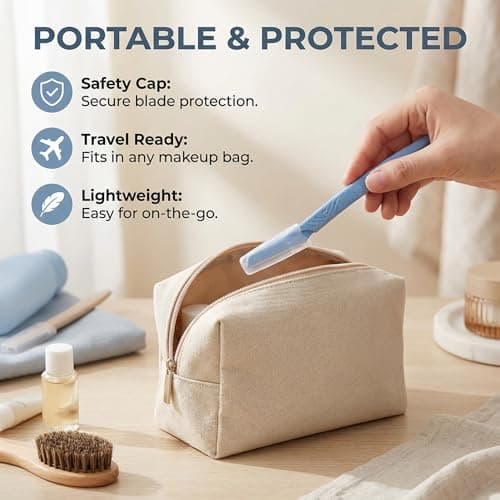 Eyebrow Razor 27-Pack, Multipurpose Dermaplaning Tool with Safety Cover, Eco-Friendly Wheat Straw Handle & Precision Stainless Steel Blades for Men & Women (Blue, Pink, Orange) — view 5