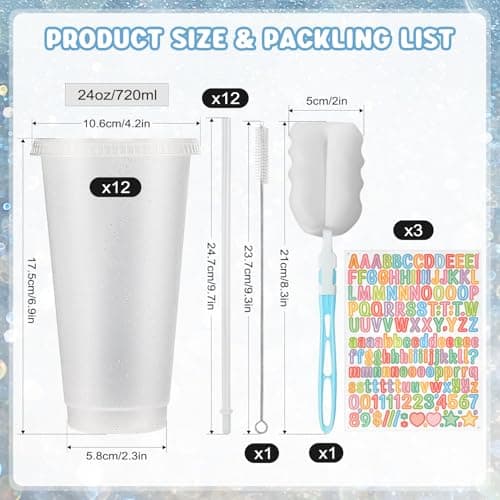 12 Pack 710ml Reusable Plastic Cups with Lid Straws Letter Stickers Brushes — view 6