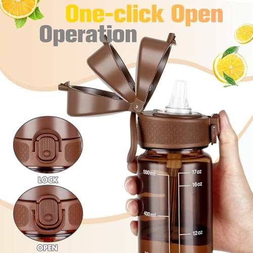GOPPUS 500ml/17oz Clear Tritan Water Bottle with Straw Transparent Childrens Drinks Bottle with Carrying Handle See Through Measured Kid Bottles with Flip Top Lid Leakproof BPA Free (Brown) — view 3