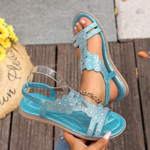 Women's Flat Sandals Summer Bohemian Sparkly Sandals Women Wide Fit Floral Beach Thong Sandal Casual Orthopedic Strap Slide Sandal with Rhinestone Soft Sole Comfortable Sandal (Blue #4, 6) — view 3