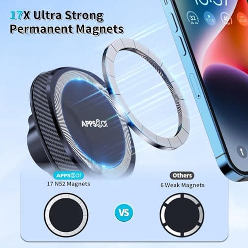 APPS2Car Car Phone Holder for Magsafe, 17 N52 Magnets Suction Windscreen Dashboard Magnetic Phone Car Mount, Universal iPhone Car Holder Compatible with iPhone 15 14 13 12 and magsafe case — view 5