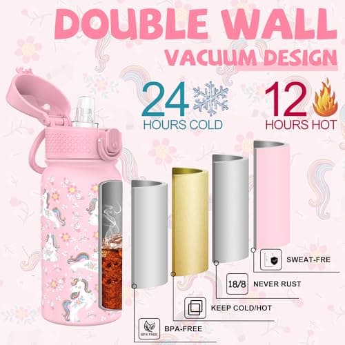 GOPPUS 350ml/12oz Kids Stainless Steel Water Bottle with Straw Toddler Drinks Bottle with Handle Small Insulated Bottles for Girls School Cold Metal Flask with Flip Top Lid BPA Free (Pink Unicorn) — view 5