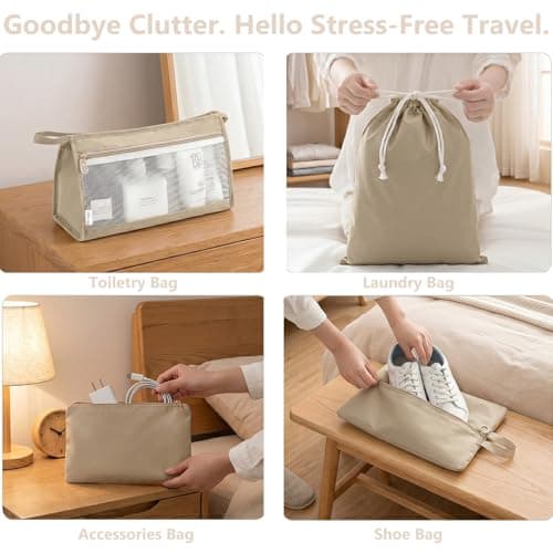 9 Set Packing Cubes for Suitcases, Cream Travel Luggage Organizer Bags Essentials with Shoe Cosmetics Toiletry and Laundry Pouches for Women Men — view 6