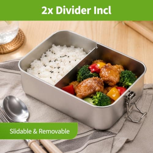 EVERGOODS Stainless Steel Lunch Box 950ml, Metal Bento Box with 2 Movable Dividers, Lightweight 0.35kg Food Storage Container Metal Lunch Box for Adults Kids, School Office Travel — view 6