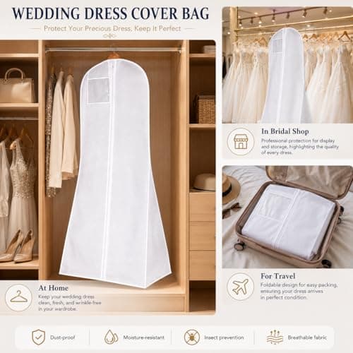 Hanging Wedding Dress Cover 180x60x40cm, Bridal Gown Garment Cover Storage Bag, Full Length Travel Protector for Bridal Dress, Long Clothes Storage Cover, Dust Proof Garment Bag with Zipper for Women — view 5
