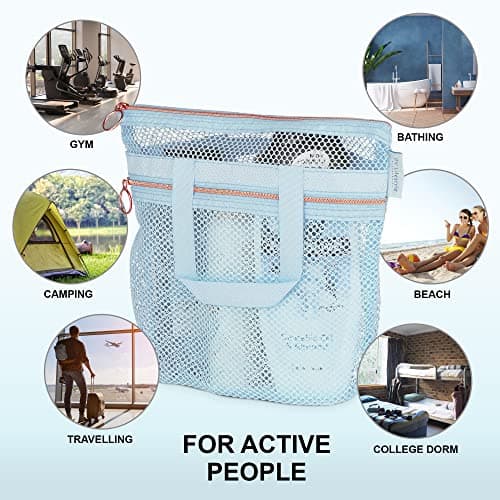 DV Lifestyle Mesh Shower Bag 25 x 26cm Caddy with Zipper & 2 Pockets. Quick-Dry Portable Toiletry Tote for Bathroom, Gym, Travel, Camp, Beach, for Sunscreen, Dorm & College Essentials (Blue) — view 4