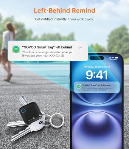 NOVOO Smart Tag for Apple Find My (iOS Only), Loud 80dB Alarm Item Finder, Replaceable Battery Tracker with Child-Safe Lock, Key & Wallet Tracker, Luggage Finder (4 Pack with Key Rings & Battery Tool) — view 4