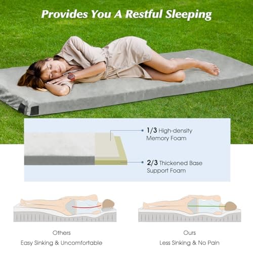 COSTWAY Memory Foam Camping Mattress, 6.5cm Thick Waterproof Roll Up Sleeping Mat with Zipper & Carry Bag, Portable Foldable Floor Guest Bed for Indoor Home, Outdoor Camping & Sleepover Use (Grey) — view 2