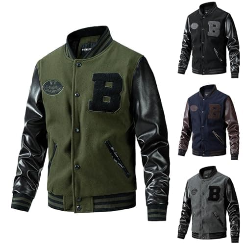 Men's Warm Two-Tone Bomber Jacket Winter College Jacket Football Old School Leather Sleeves Faux Leather Baseball Sports Jacket Sweat Jacket Varsity Vintage Streetwear Oversized Patchwork Coat, O — view 2