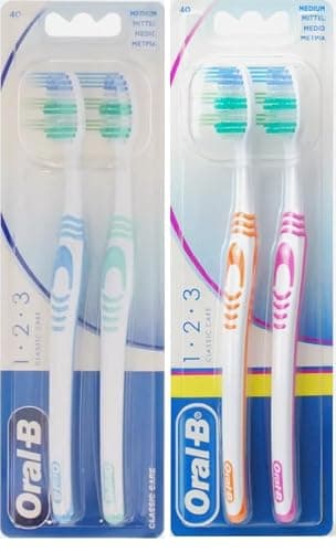 Oral-B Classic Care 1.2.3 Medium Toothbrush – 4 Pack (2 Packs of 2) | Gentle on Gums, Cleans Teeth, Easy Grip Handle | Made in Ireland | Random 1 or 2 Colours – Oral Hygiene, Dental Care Essentials