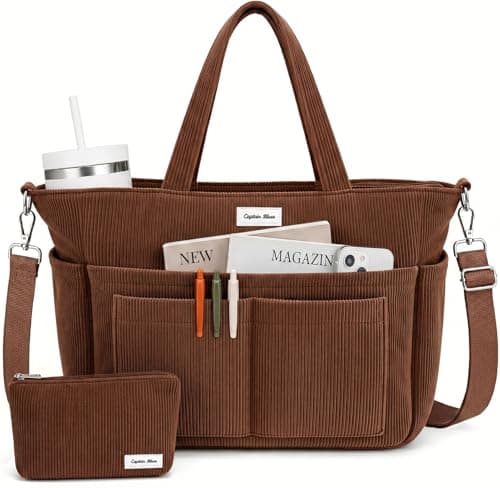 Captain Blues Corduroy Tote Bag for Women with Zip, Large Capacity Work Bag with 14 Pockets & Compartments, Adjustable Shoulder Strap, Ideal for School, Travel, College & Teachers (Coffee Brown)