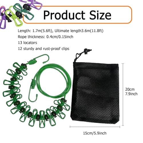 BaiMoure Retractable Laundry Line, 1.7-3.6m Elastic Travel Clothesline — view 2