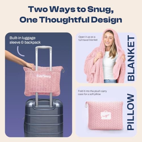 EverSnug Premium Travel Blanket Pillow - Soft 2 in 1 Airplane Blanket with Soft Bag Pillowcase, Hand Luggage Sleeve and Backpack Clip (Light Pink), King — view 2