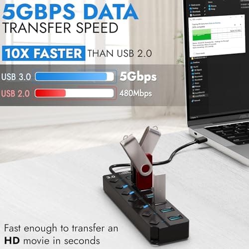 7-Port USB Hub 3.0 – Multi USB Port Hub with Individual Switches and Lights – USB Multiport Adapter Splitter – High-Speed USB Hub Extender for PC, Laptop, Macbook, Flash Drives, Mobile HDD — view 3
