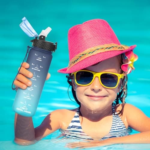 GOPPUS 500ml/17oz Kids Water Bottles with Straw Tritan Childrens Bottle with Flip Top Lid BPA Free Measured Drinks Bottle with Strap Sports Reusable Time Markings Leakproof (Gray Blue) — view 6