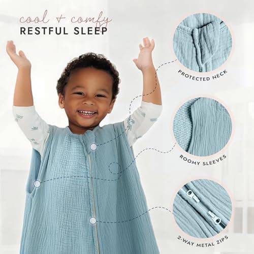 KEIRYBOO - Organic Cotton Muslin Toddler Sleeping Bag, 1.0 TOG Rating, Zipper Closure, Breathable Muslin, Year-Round Comfort (18-24 Months) (Teal) — view 4