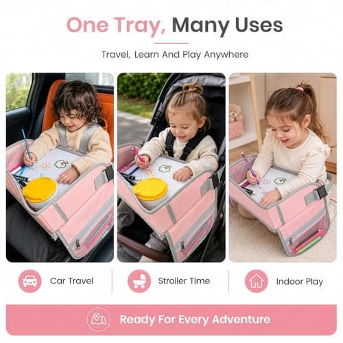 Holdfiturn Kids Travel Tray Car Seat Lap Desk with Tablet Holder, Portable Activity Tray for Airplane Car Road Trip, Travel Essentials with Erasable Surface Travel Desk Essential Accessories — view 2