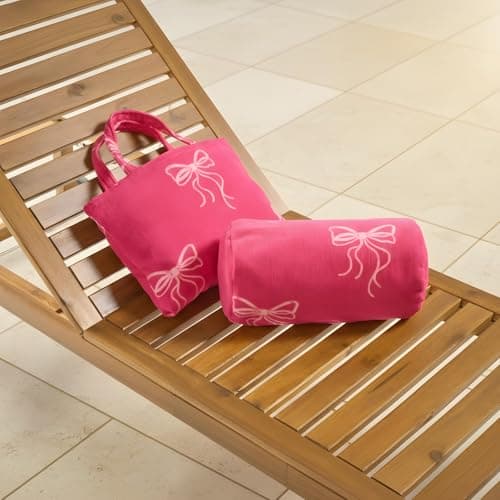 OHS Bow Print Sunbed Towels with Pockets Quick-Dry Absorbent Large Beach Towel in a Bag & Beach Pillow Inflatable Sun Lounger Bolster Pillow Microfibre Travel Summer Holiday Essentials Bundle, Pink — view 3