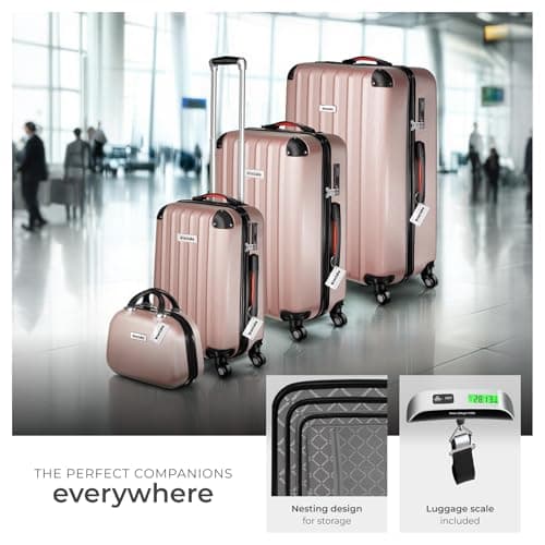 tectake® Hard Shell Suitcase Set, Incl. Extra Large, Large, Medium Suitcases & Beauty Case, Lightweight Suitcases with TSA Lock, ABS Shell, 360° Wheels, Telescopic Handle & Luggage Scale - Rose Gold — view 3