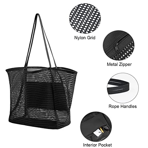 flintronic Mesh Beach Bag, Summer Beach Bag Oversized Ladies Tote Bag Shoulder Bag with Zipper Pockets Mesh Nylon Bag, Perfect for Beach Party Travel Picnic Vacation Shopping - Black — view 6