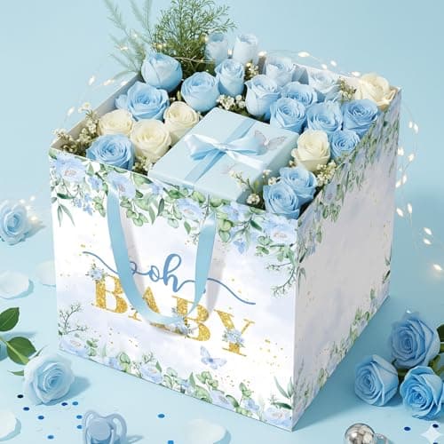 Extra Large Baby Boy Gift Bag, Baby Shower Square Gift Bags Blue Floral Wrapping Paper Bag Oh Baby Jumbo Gift Bags for Boys New Parents Gender Reveal Party Favors — view 4