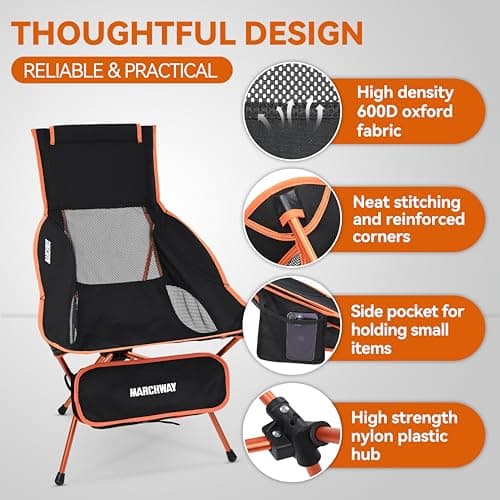 MARCHWAY Lightweight Folding High Back Camping Chair with Head Support, Stable Portable Compact for Outdoor Camp, Travel, Beach, Picnic, Festival, Hiking, Backpacking (Orange) — view 5